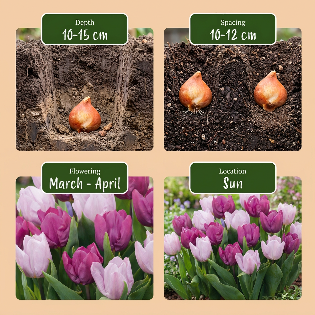 Guide de plantation des bulbes de Tulipe 'Prince' en mélange : profondeur, espacement, floraison mars-avril, exposition au