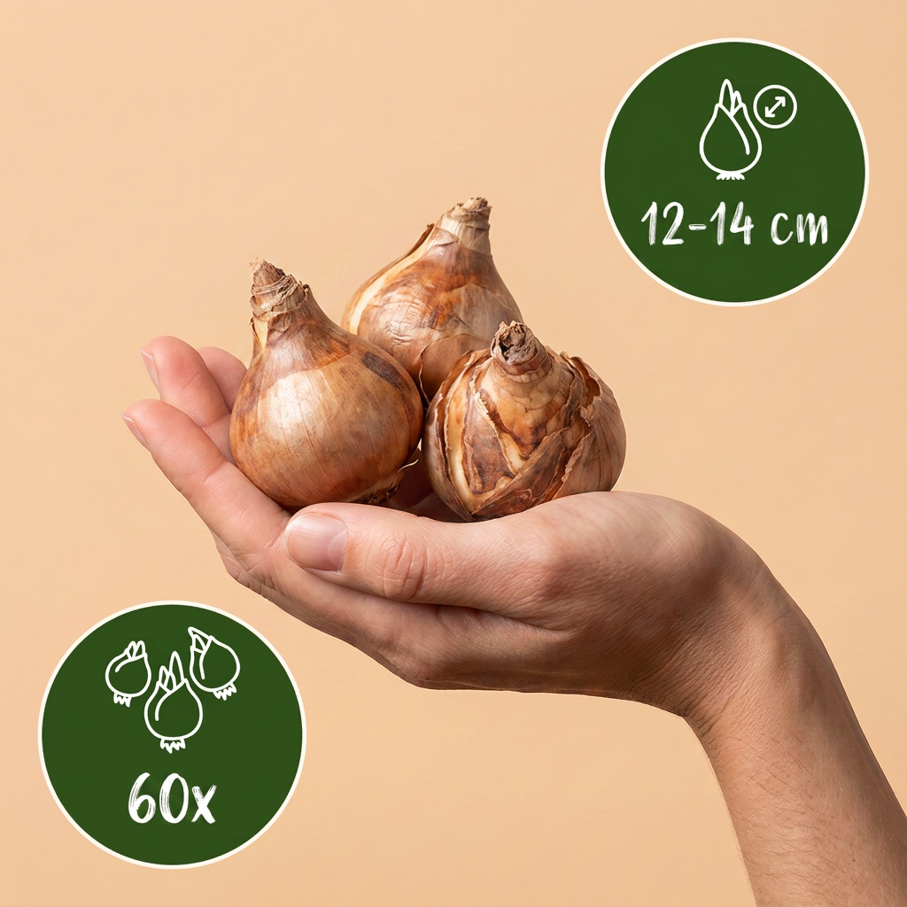 Bulbes de Narcisse a grande couronne en melange tenus dans une main, calibre 12/14, lot de 60 bulbes