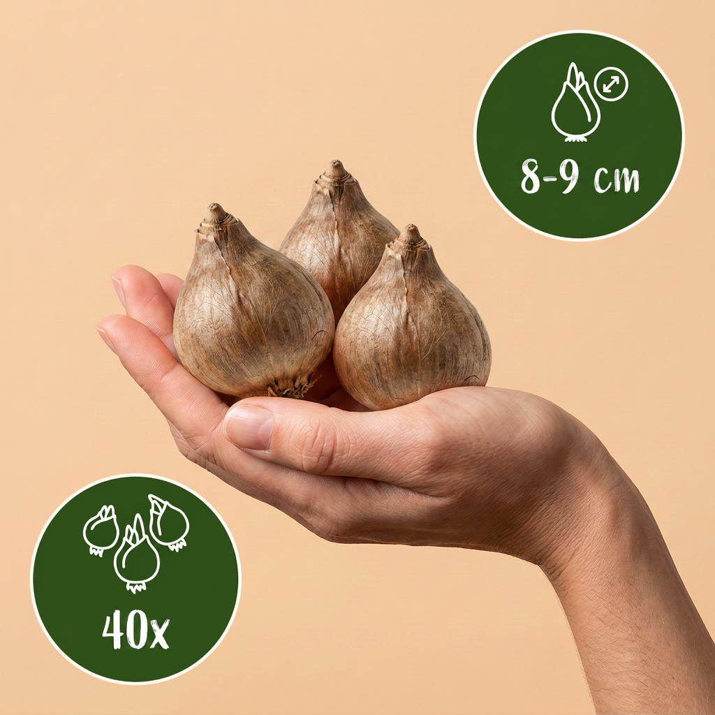 Bulbes de Nivéole d'été tenus dans une main, calibre 8-9 cm, lot de 40 bulbes.