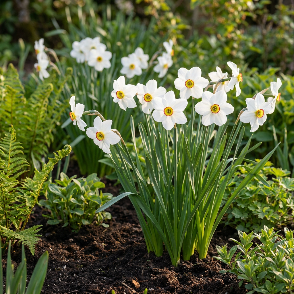 Massif de narcisses des poètes blancs et jaunes en pleine floraison dans un jardin printanier.
