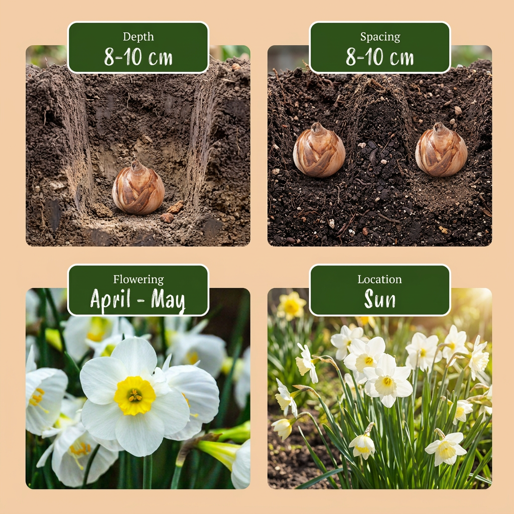 Guide de plantation et d'entretien des narcisses 'White Petticoat' incluant profondeur, espacement, floraison et exposition.