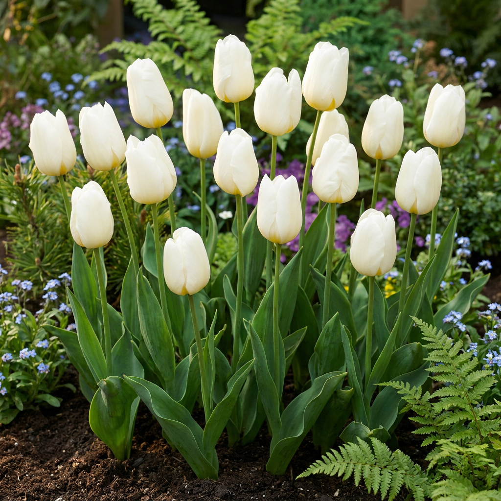 Massif de tulipes Triumph blanches en fleur, avec un feuillage vert et de petites fleurs bleues en arrière-plan.