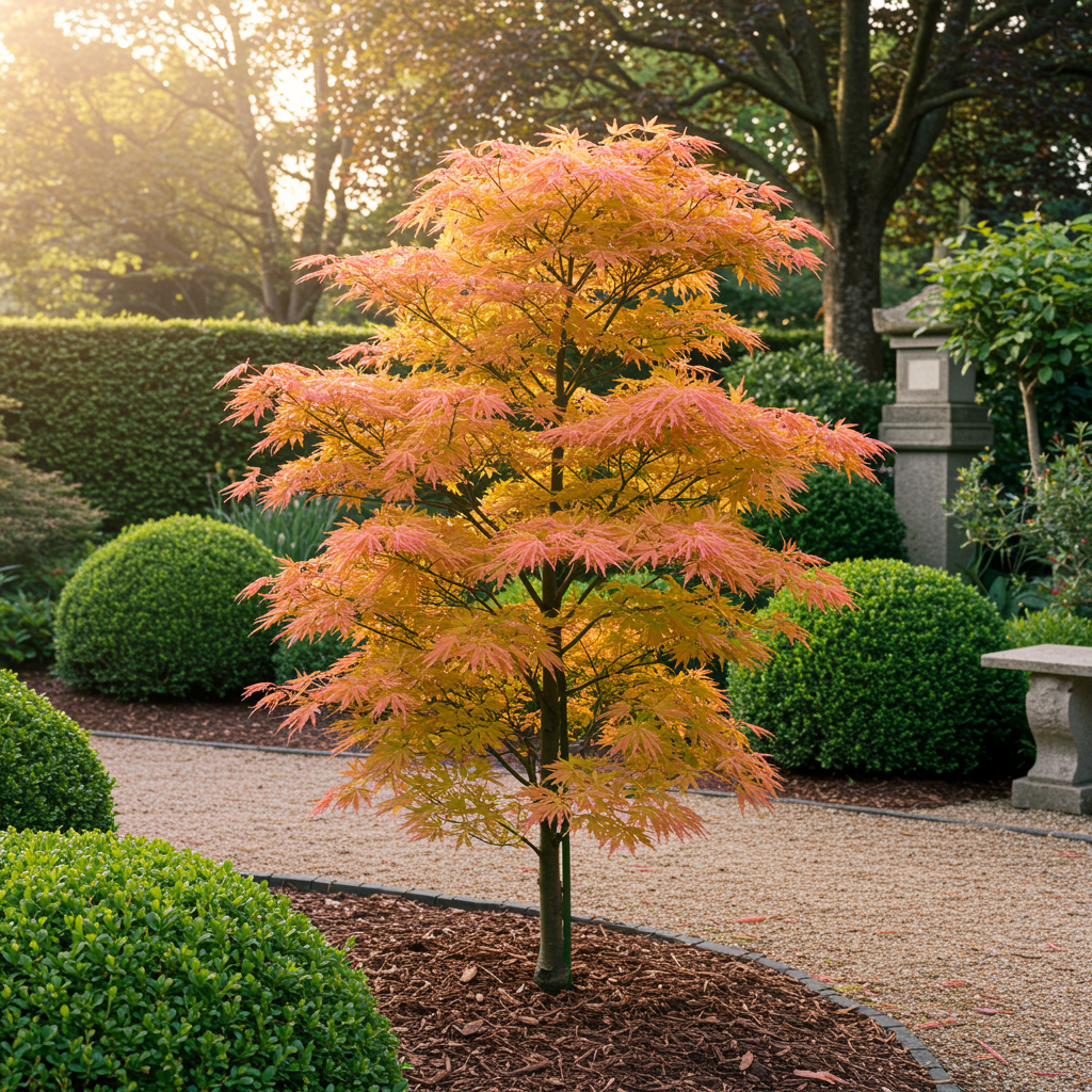 Érable japonais Acer palmatum Katsura orange, un jeune arbre aux feuilles éclatantes dans un jardin paysager au soleil couchant.