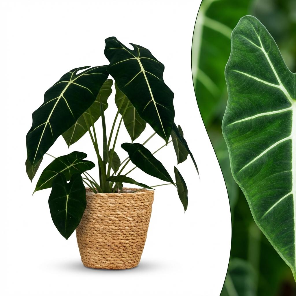 Plante d'intérieur - Oreille d'éléphant - Alocasia Frydek - Vert - Peu d'entretien - 1 Plante - avec Panier - Pot 19cm - Hauteur 60cm