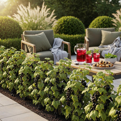 Cassis Ribes nigrum Titania en haie fruitée bordant une terrasse ensoleillée, avec des boissons et des pâtisseries sur une table basse.