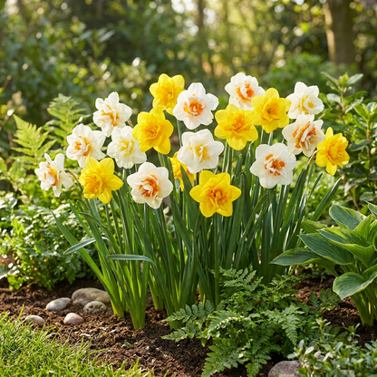 Massif de narcisses doubles en mélange, à floraison printanière, dans un jardin