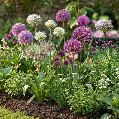 Massif fleuri d'ails d'ornement (Allium) aux fleurs sphériques violettes et blanches et à clochettes roses.