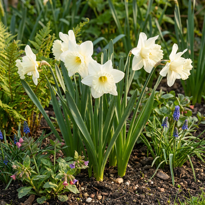 Massif de narcisses 'Mount Hood' aux grandes fleurs blanches et feuillage vert dans un jardin printanier.