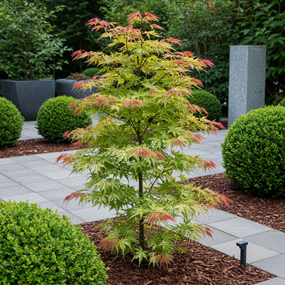 Erable du Japon Acer palmatum Phoenix en pot de 19cm, feuillage vert et rose, planté dans un jardin avec des buis taillés et un chemin de da