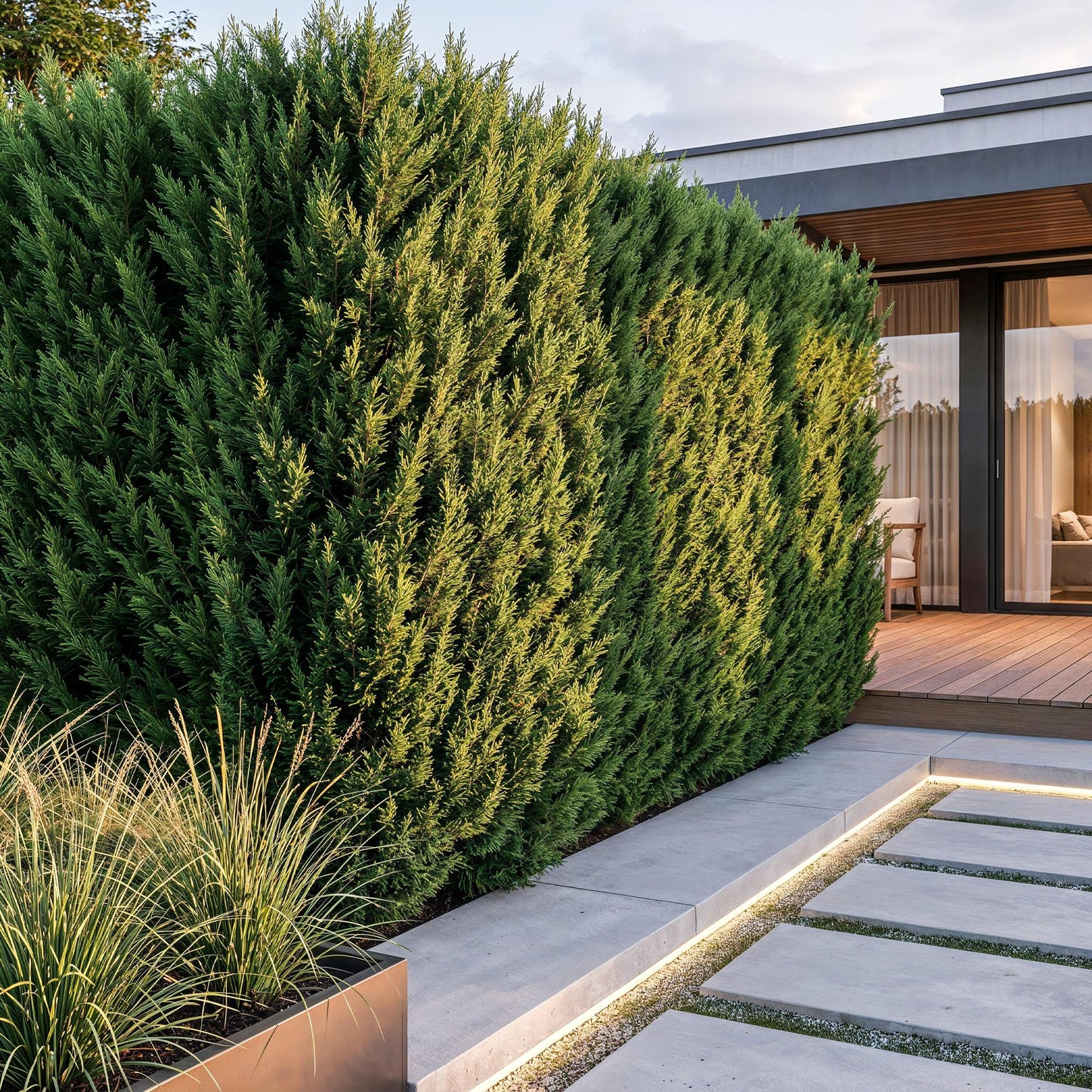 Cyprès de Leyland forme une haie dense et haute, délimitant un jardin moderne avec terrasse en bois, pas japonais et éclairage LED.