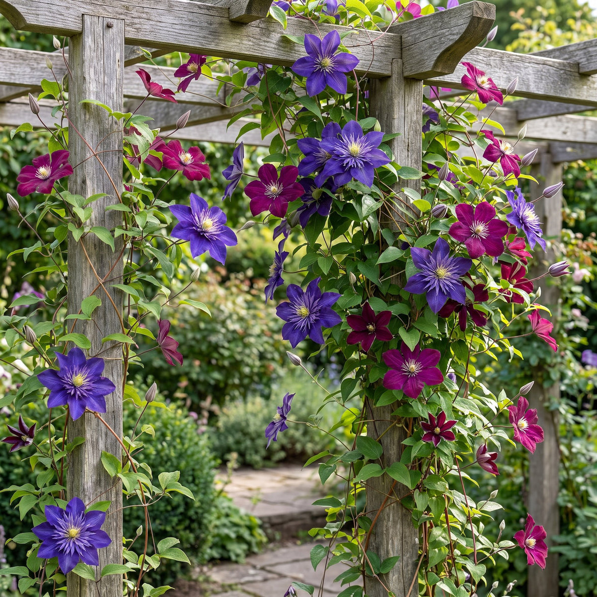 Clématite Duo Bleu & Rouge (Clematis) - grimpantes à grandes fleurs