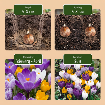 Guide de plantation des bulbes de Crocus : profondeur, espacement, période de floraison (février-avril) et exposition