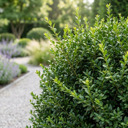 Buxus sempervirens, ou petit palmier, avec son feuillage dense et vert, en bordure d'une allée de gravier dans un jardin aménagé.