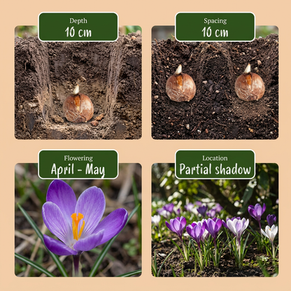 Guide de plantation des bulbes de crocus, profondeur, espacement, floraison et exposition à l'ombre partielle.