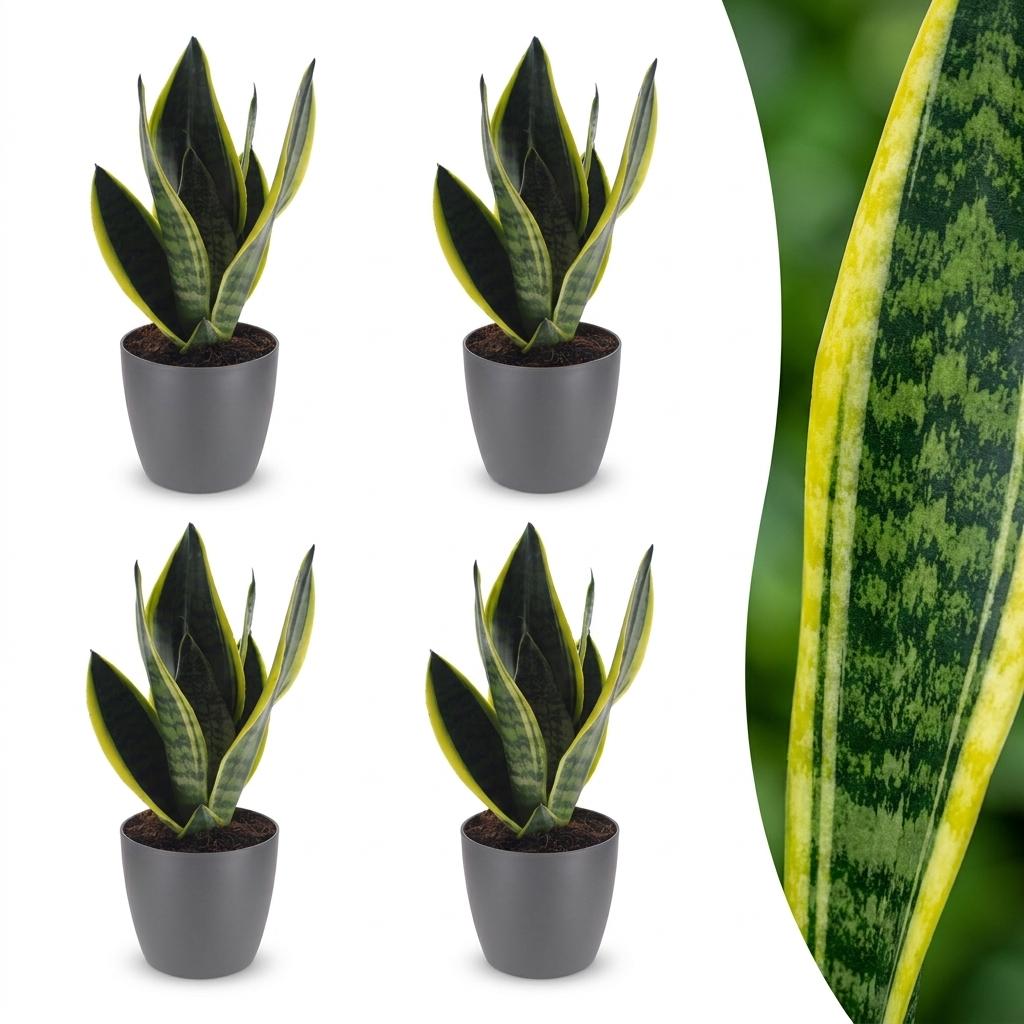 Quatre Sansevieria Futura Superba aux feuilles vert foncé marginées de jaune vif dans des cache-pots gris élégants, avec un gros plan sur