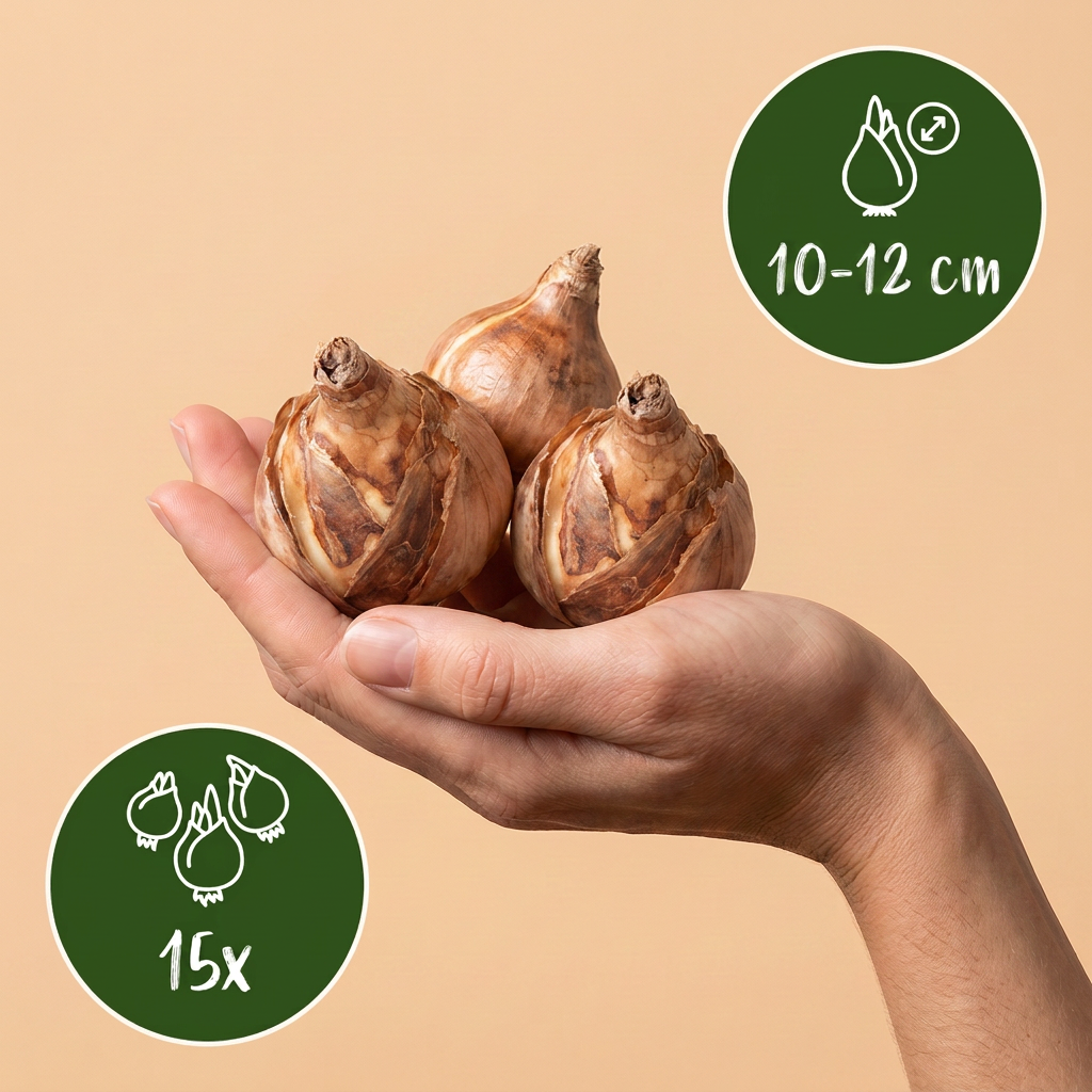 Bulbes de Narcisse 'February Gold' tenus dans une main, calibre 10-12 cm, lot de 15 bulbes.