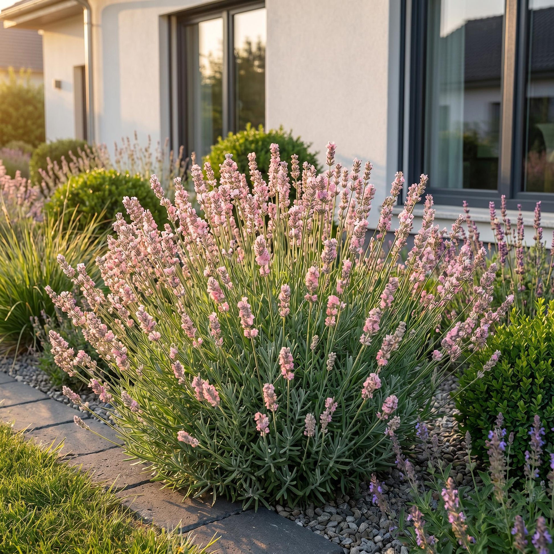 Lavandula ang. Rosea. Plante de lavande rose en pleine floraison dans un jardin ensoleillé, avec une maison moderne en arrière-plan.