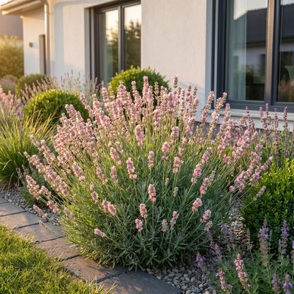 Lavandula ang. Rosea. Plante de lavande rose en pleine floraison dans un jardin ensoleillé, avec une maison moderne en arrière-plan.
