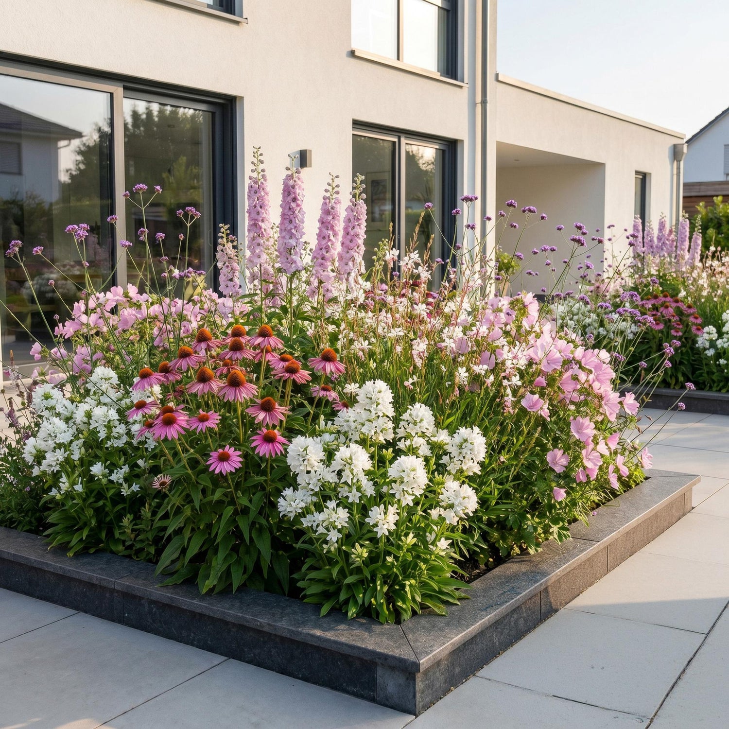 Plantes vivaces variées en fleurs roses, violettes et blanches, plantées en massif sur une terrasse moderne. Idéales pour attirer abeilles e