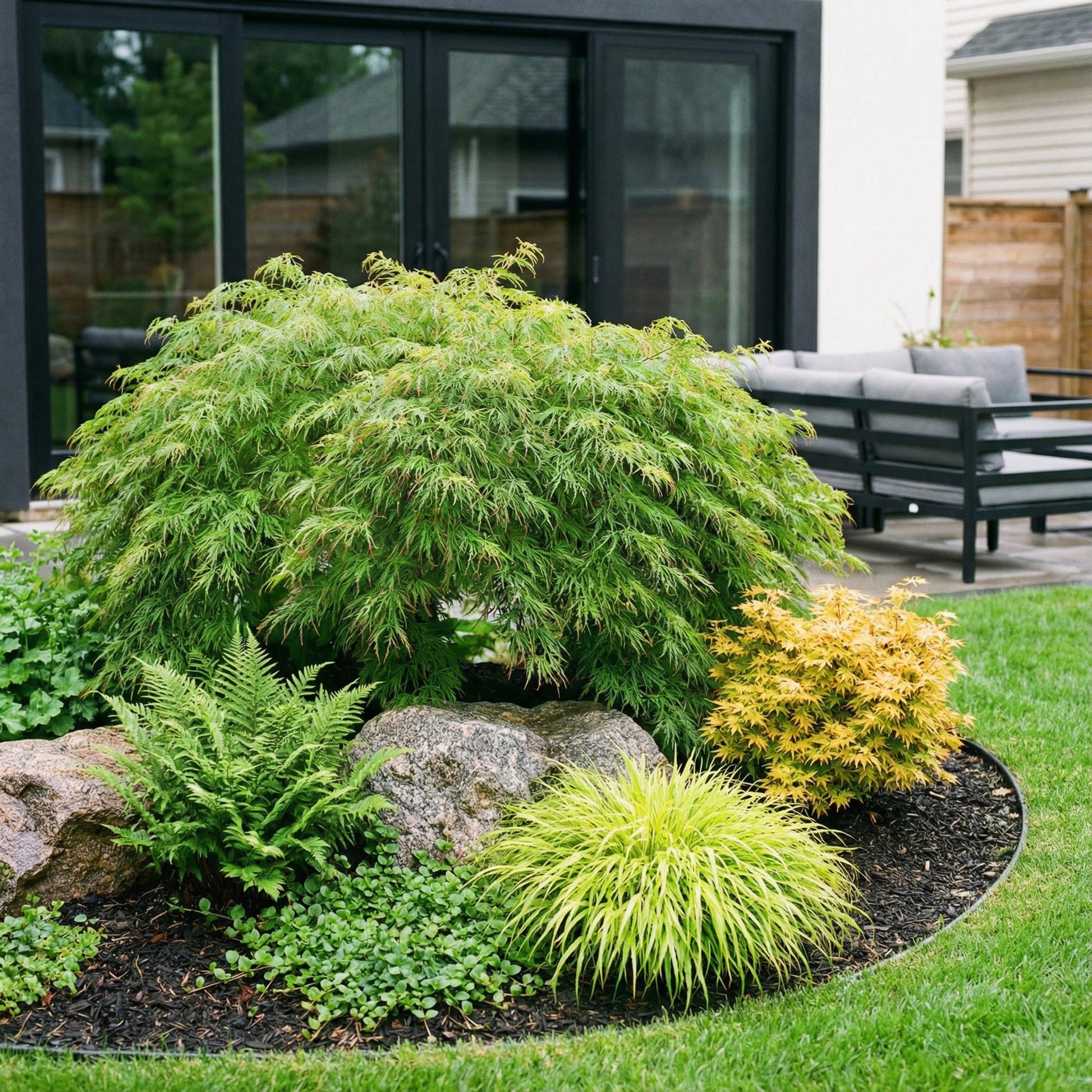 Acer palmatum Emerald Lace. Érable japonais aux feuilles vert clair finement découpées, aménagé dans un parterre rocheux avec d'autres plant