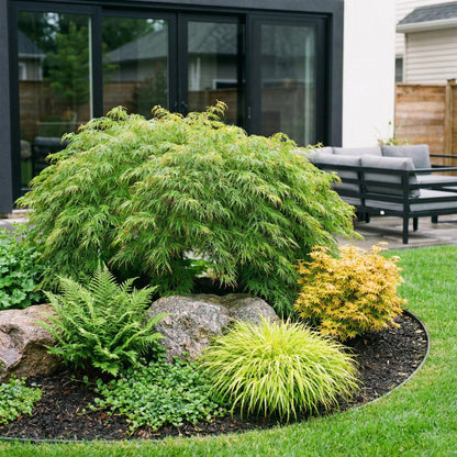 Acer palmatum Emerald Lace. Érable japonais aux feuilles vert clair finement découpées, aménagé dans un parterre rocheux avec d'autres plant