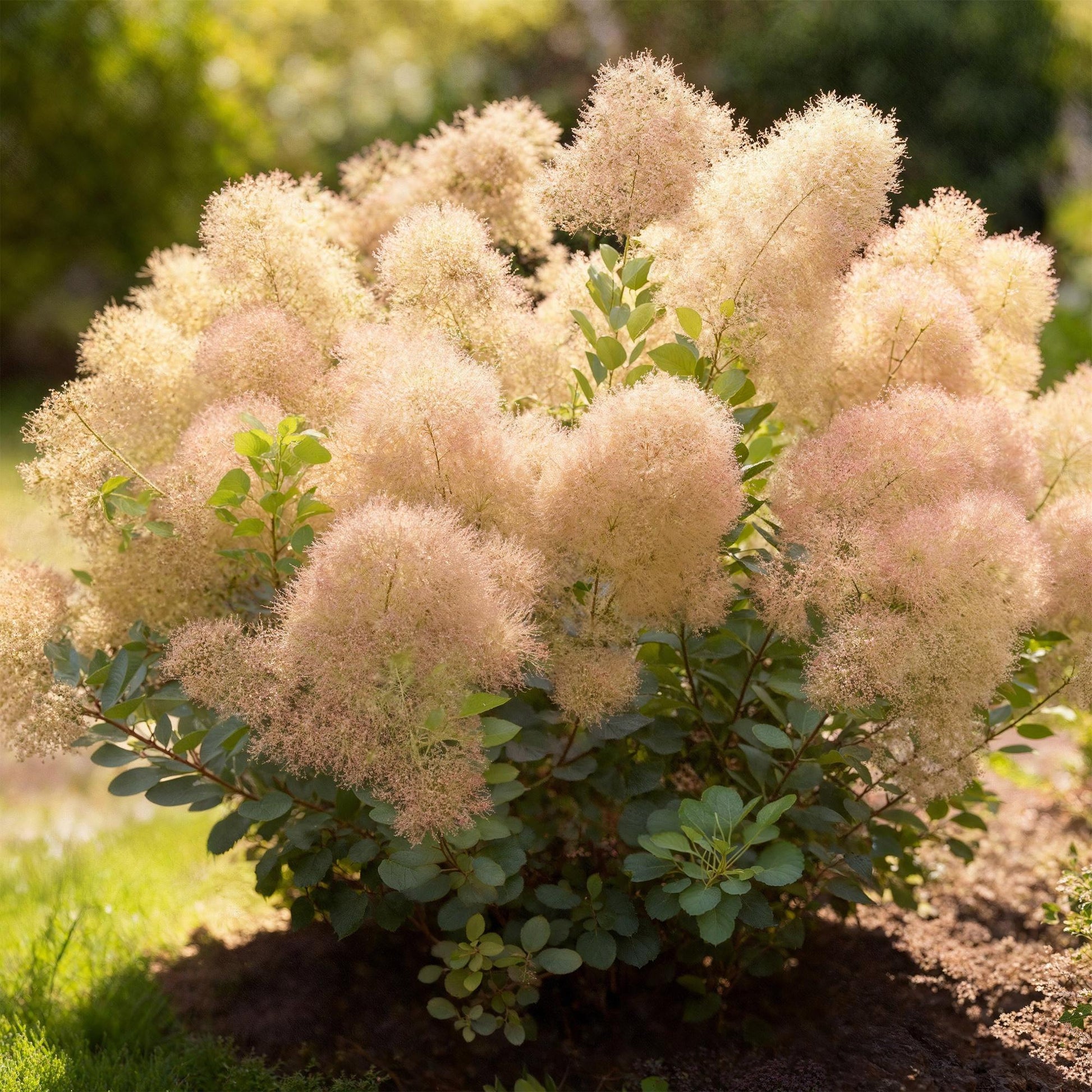 Cotinus coggyria Young Lady, un arbuste dense au feuillage vert et aux inflorescences vaporeuses rose pâle, planté dans un jardin ensoleillé