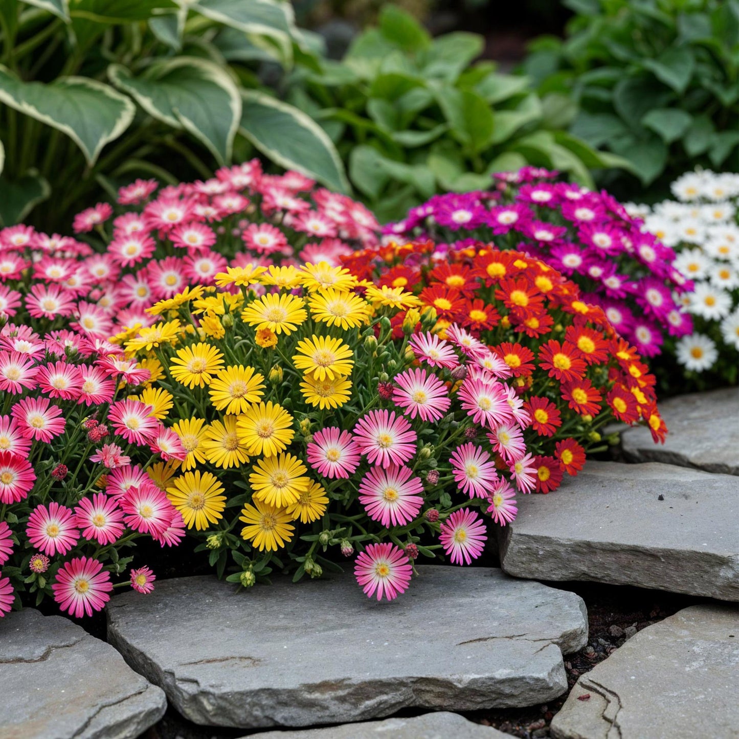 Delosperma, couverture de sol colorée avec des fleurs roses, jaunes, rouges, violettes et blanches le long d'un chemin de dalles de pierre d