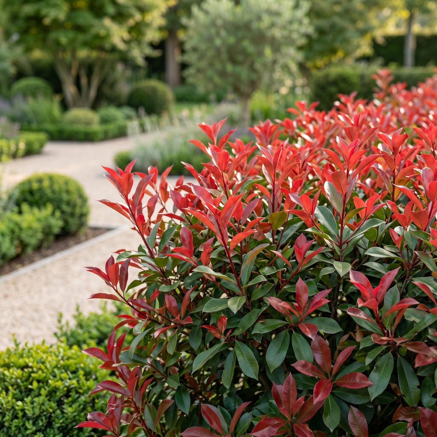 Photinia fraseri Carre Rouge en haie dense aux jeunes feuilles rouge vif, dans un jardin avec allée de gravier et buissons verts en arrière-