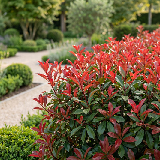 Photinia fraseri Carre Rouge en haie dense aux jeunes feuilles rouge vif, dans un jardin avec allée de gravier et buissons verts en arrière-