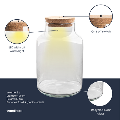 Bouteille terrarium à lait LED : Ø 21 cm, hauteur 30 cm, 9 L, fiche technique