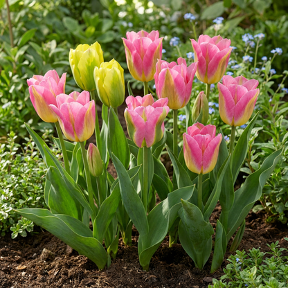 Massif de tulipes 'Strawberry Lemonade' aux pétales roses et jaunes, en pleine floraison dans un jardin.