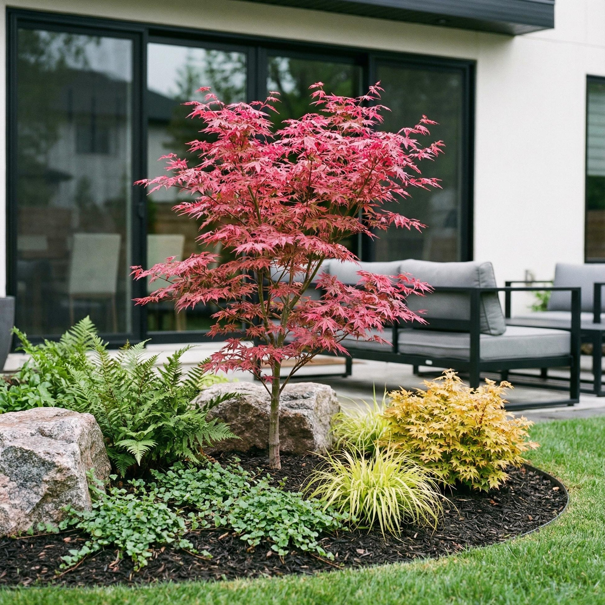 Érable japonais Acer palmatum Phoenix, aux feuilles rouge vif, planté dans un aménagement paysager avec des roches et d'autres plantes près 