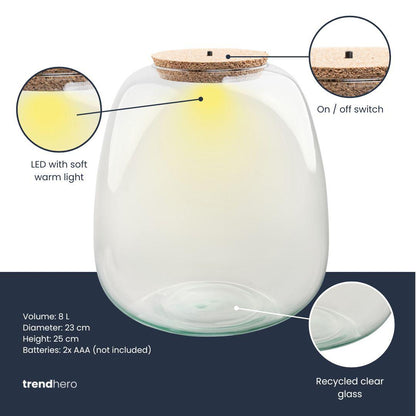 Bouteille terrarium en verre recyclé 8 L avec bouchon LED, Ø 23 cm hauteur 25 cm