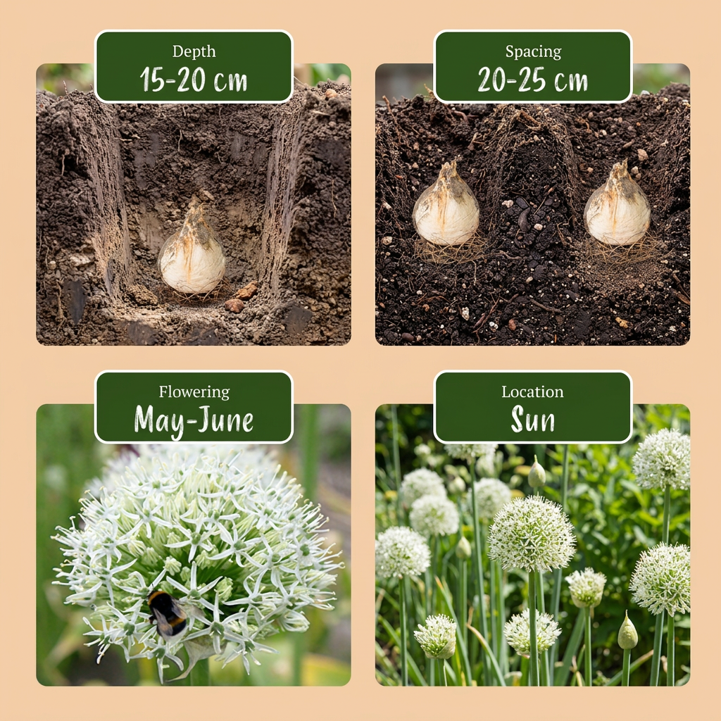 Guide de plantation et floraison des bulbes d'Ail d'ornement 'Mount Everest' (Allium).