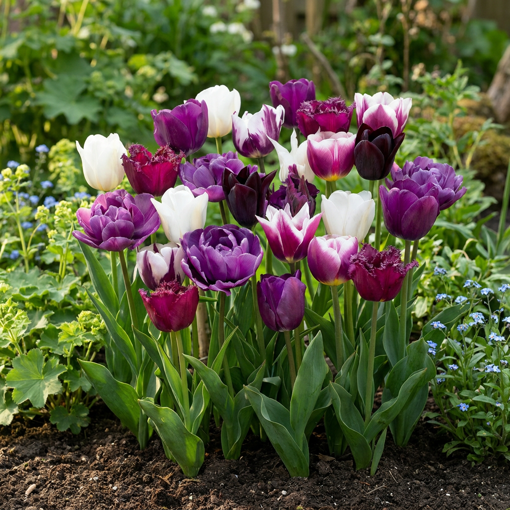 Massif de tulipes 'Blueberry' en mélange, présentant des fleurs violettes, blanches et bordeaux dans un jardin printanier.