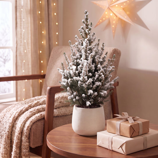 Épicéa de l'Alberta Picea glauca 'Conica' enneigé en pot, sapin de Noël vivant à neige artificielle