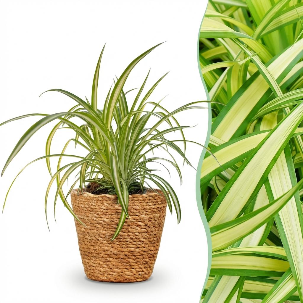Chlorophytum comosum Variegatum plante araignée panachée en pot 12cm avec cache-pot blanc, feuillage vert et crème