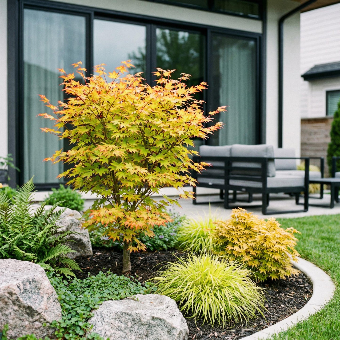 Acer palmatum Summergold, érable japonais au feuillage jaune-vert vif, planté dans un aménagement paysager moderne avec des rochers et une t