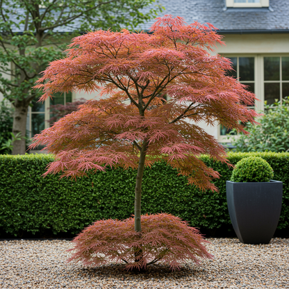 Érable du Japon 'Jerre Swarts' avec son feuillage rouge foncé en automne, planté dans un jardin avec un chemin de graviers et une haie.