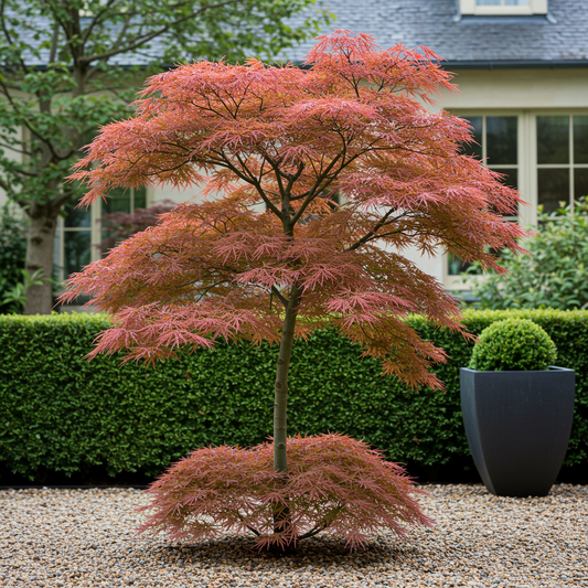 Érable du Japon 'Jerre Swarts' avec son feuillage rouge foncé en automne, planté dans un jardin avec un chemin de graviers et une haie.