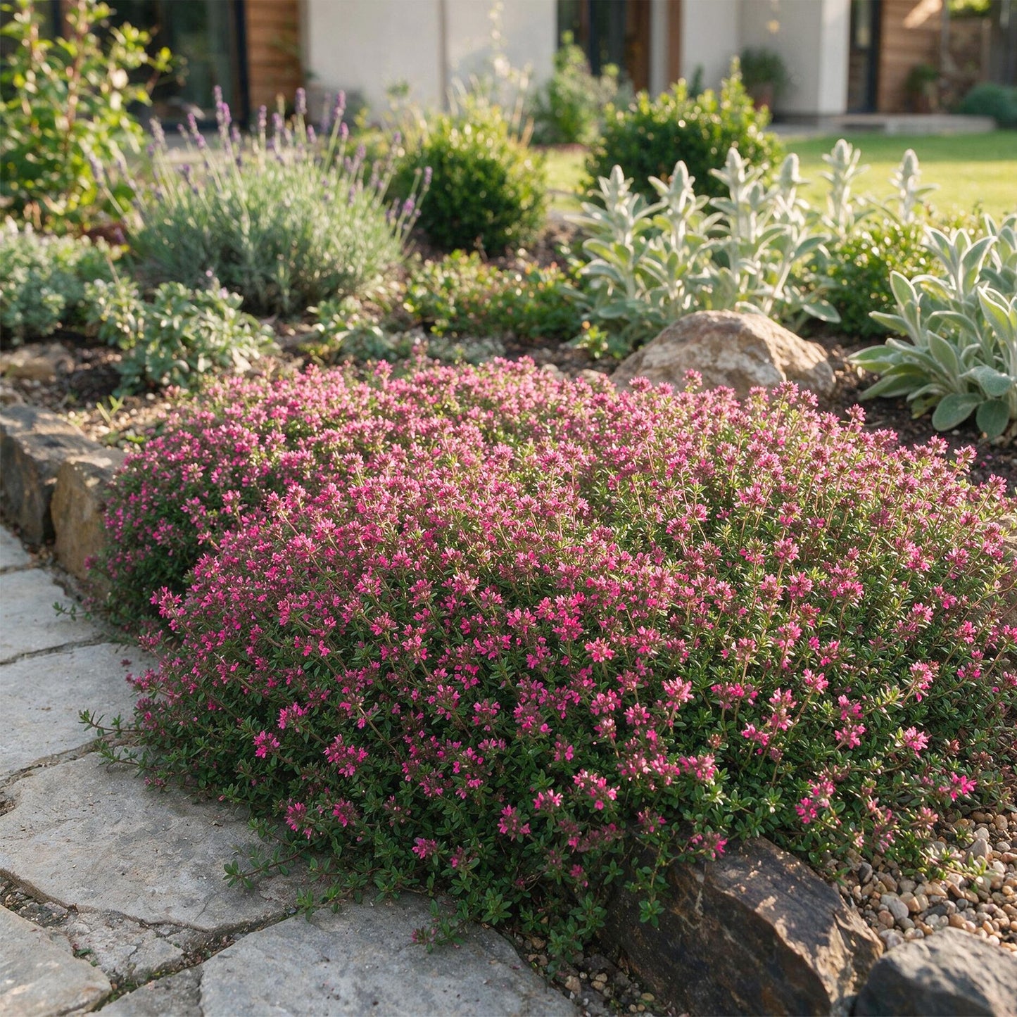 Thymus praecox Red Carpet rampant avec ses fleurs rouge-rose, bordant un chemin de pierres dans un jardin ensoleillé.