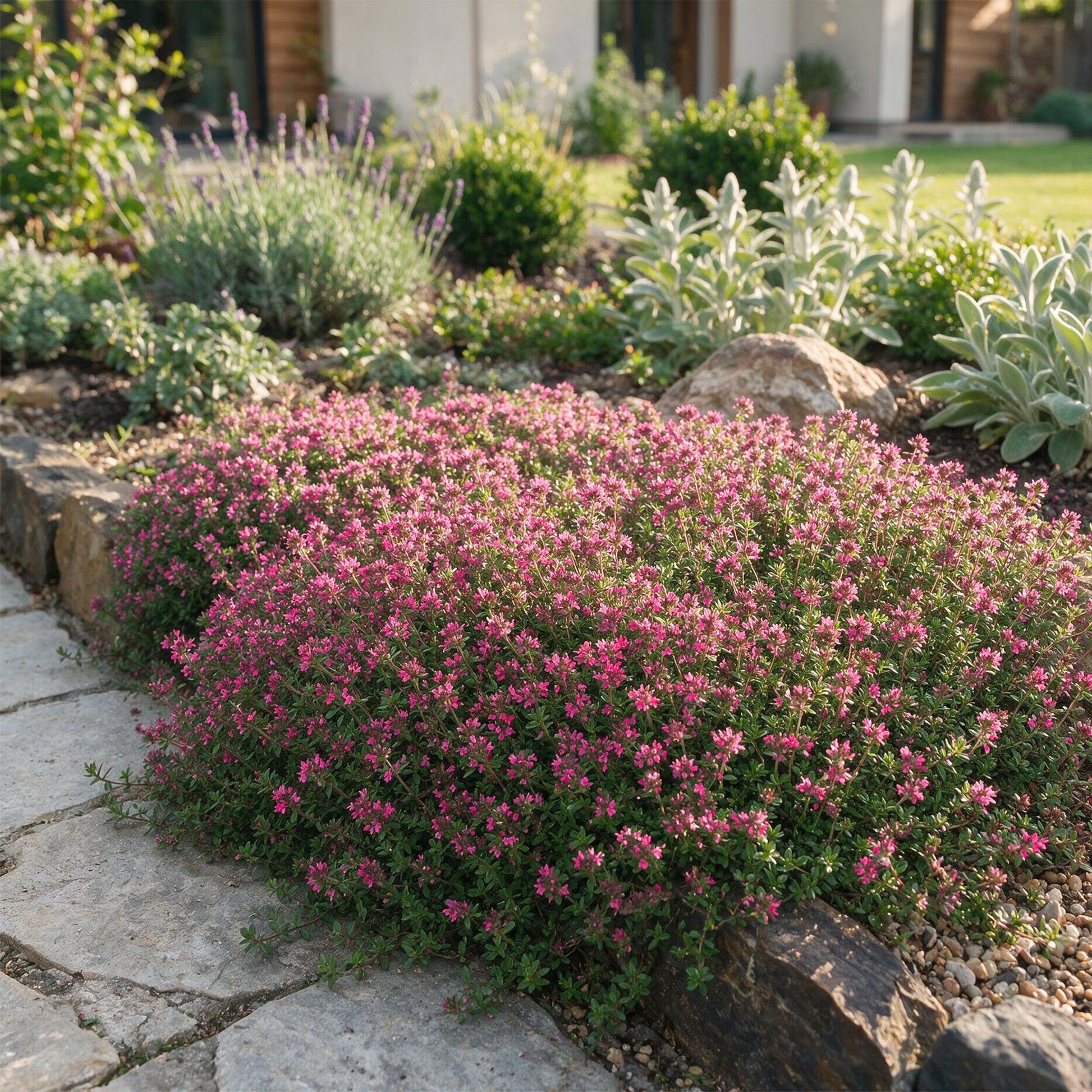 Thymus praecox Red Carpet rampant avec ses fleurs rouge-rose, bordant un chemin de pierres dans un jardin ensoleillé.