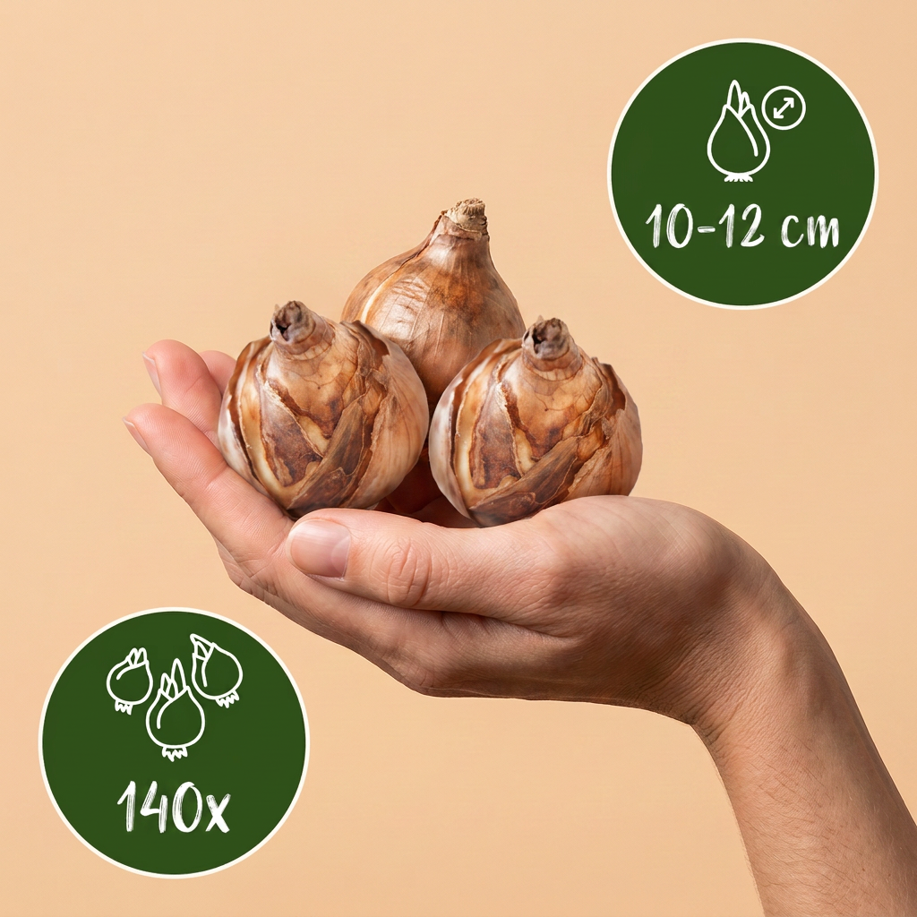 Bulbes de Mélange de bulbes pour jardin sec tenus dans une main, calibre 10-12 cm, lot de 140 bulbes.