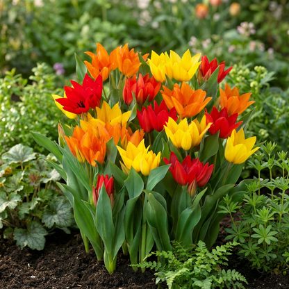 Massif de tulipes Praestans en mélange, avec des fleurs rouges, jaunes et oranges éclatantes.