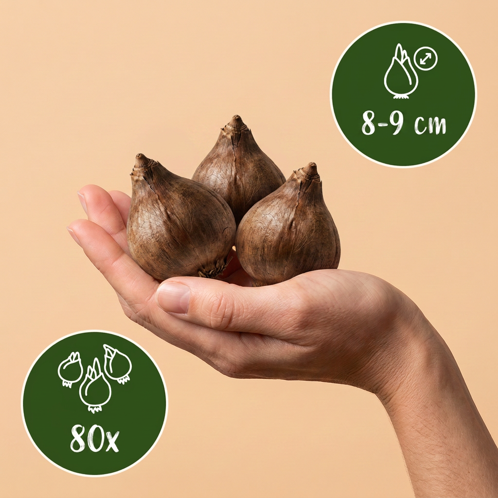 Bulbes de Nivéole d'été tenus dans une main, calibre 8-9 cm, lot de 80 bulbes.
