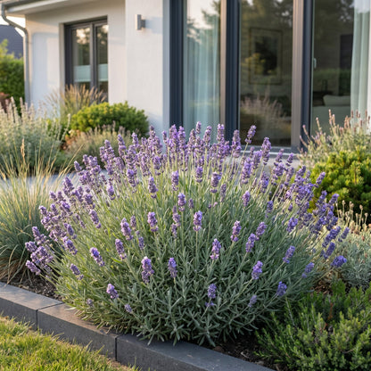 Lavandula ang. Dwarf Blue en pleine floraison dans un aménagement paysager moderne devant une maison, avec des teintes de violet.
