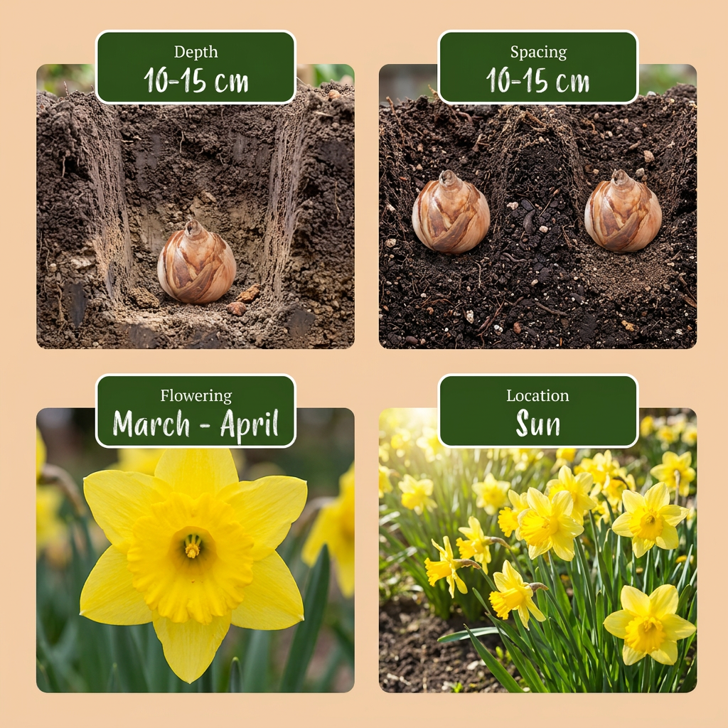 Guide de plantation des bulbes de Narcisse jaune avec profondeur, espacement, floraison et exposition.