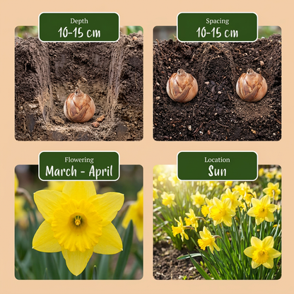 Guide de plantation des bulbes de Narcisse jaune avec profondeur, espacement, floraison et exposition.
