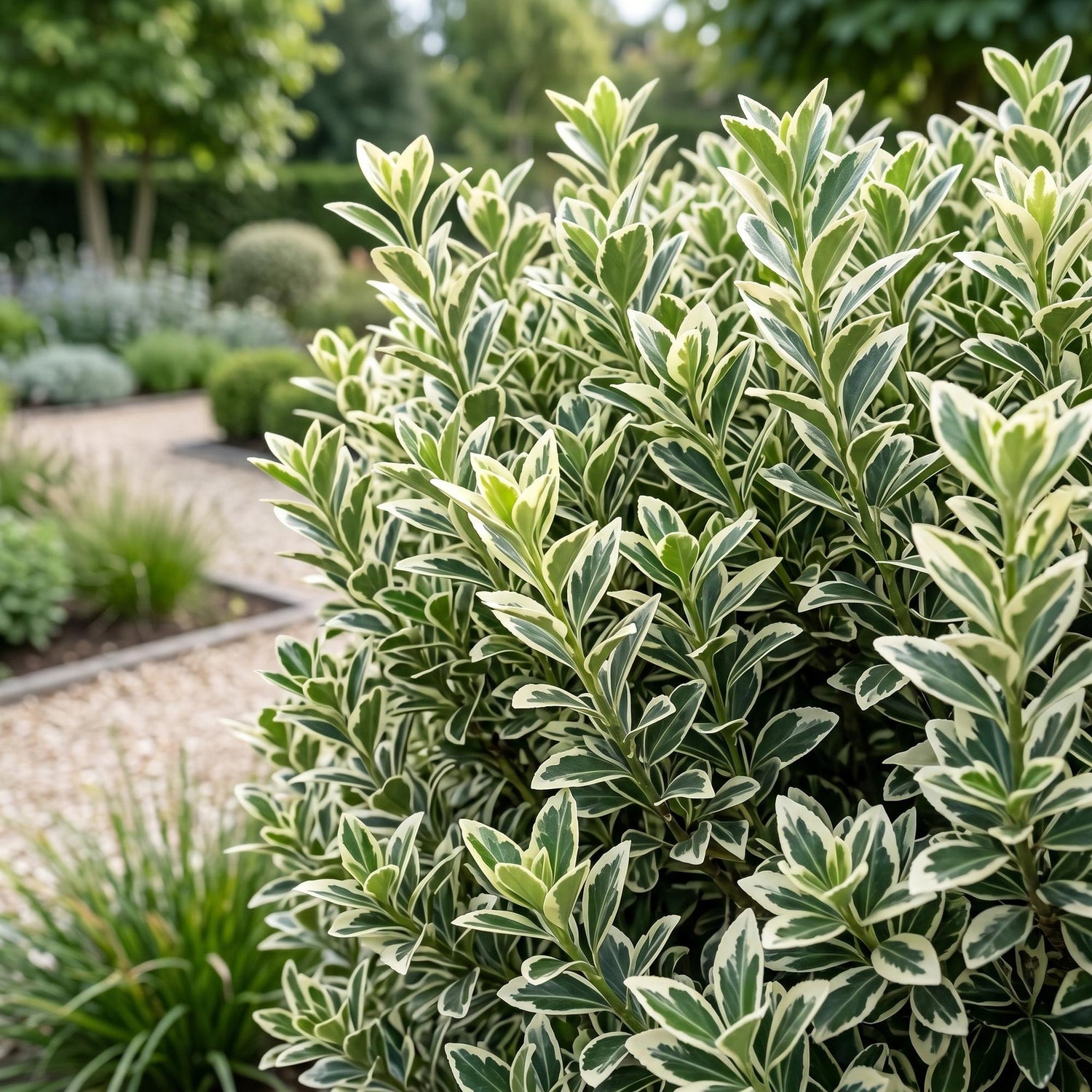 Euonymus japonicus White Spire. Gros plan sur le feuillage vert panaché de blanc du fusain, en situation dans un jardin. Le sentier de gravi