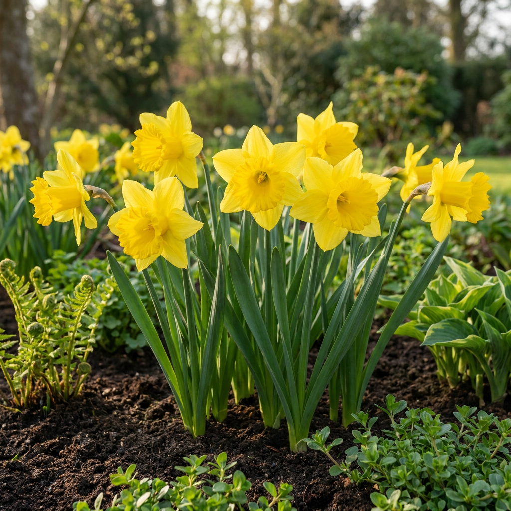 Massif de narcisses jaunes éclatants en pleine floraison printanière dans un jardin.